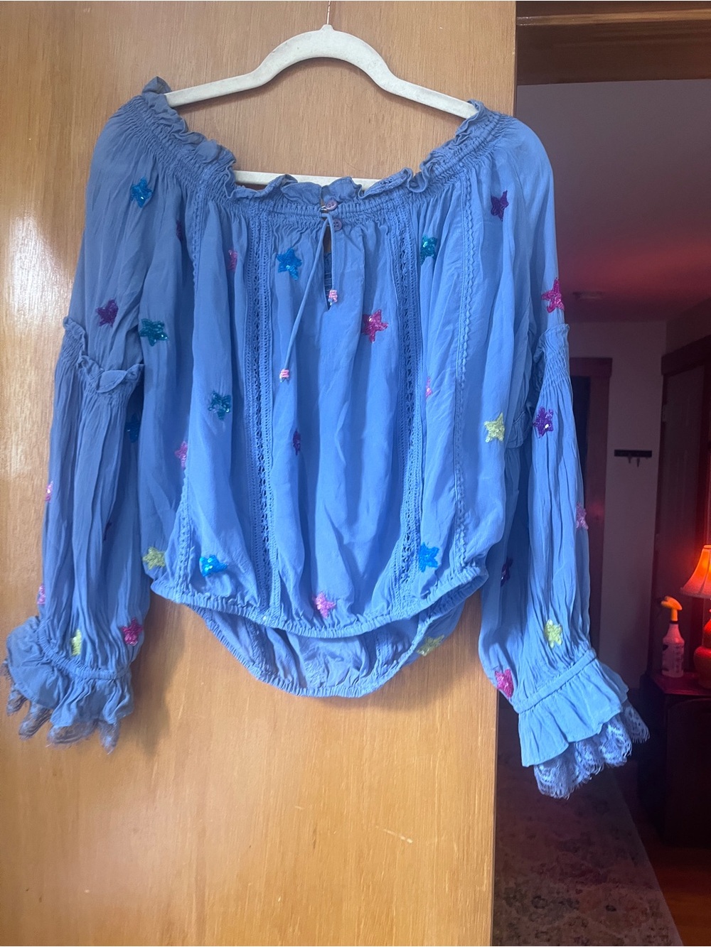 Rococo Sand Blue Off-Shoulder Embroidered Star Blouse